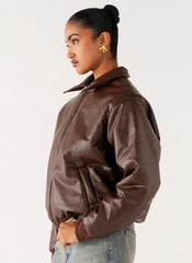 Outlands Faux Leather Bomber Jacket - Chocolate