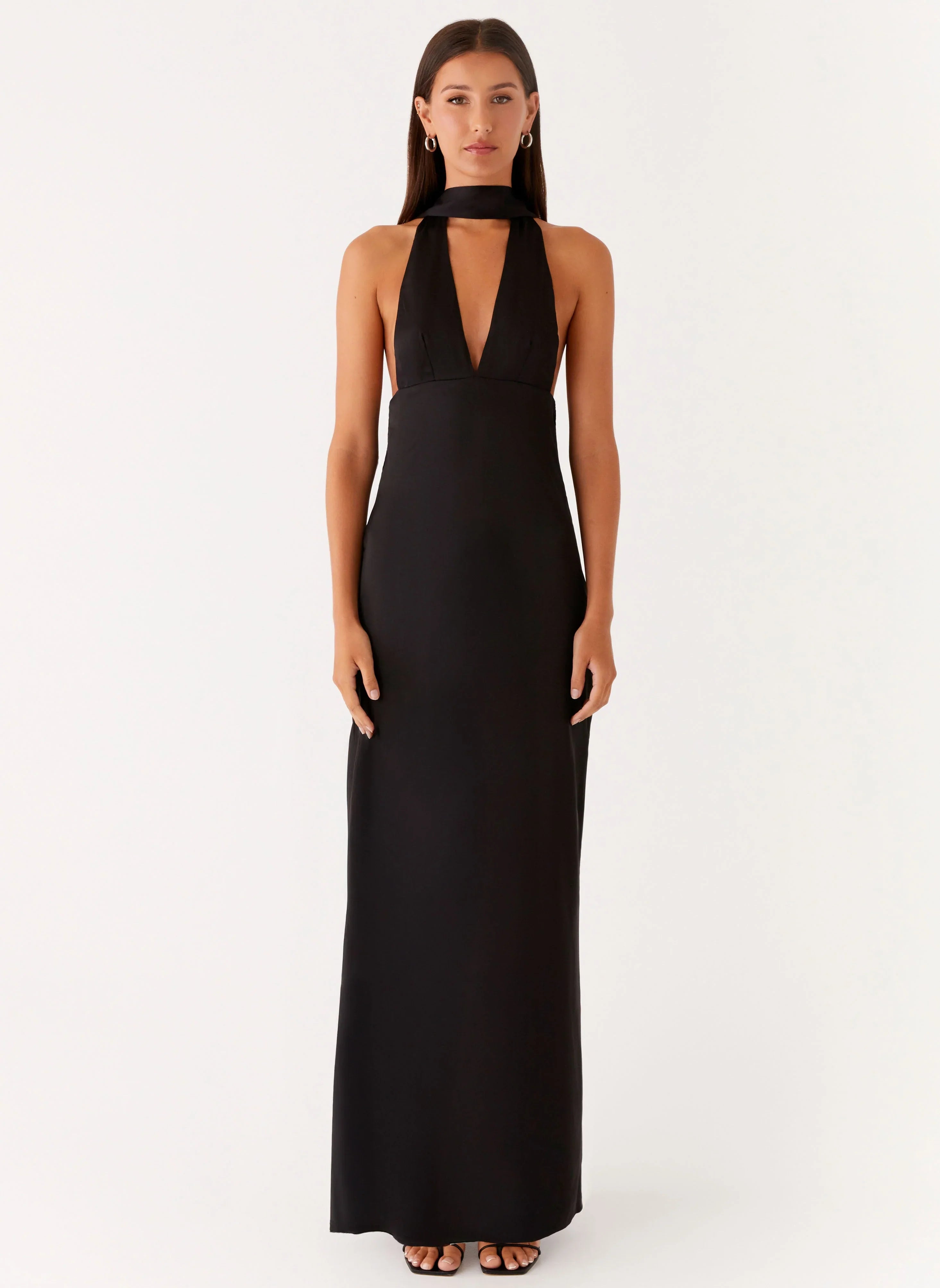 Alicia Satin Halter Maxi Dress - Black