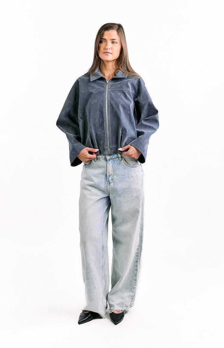 River Steel Grey Suedette Bubble Hem Bomber Jacket