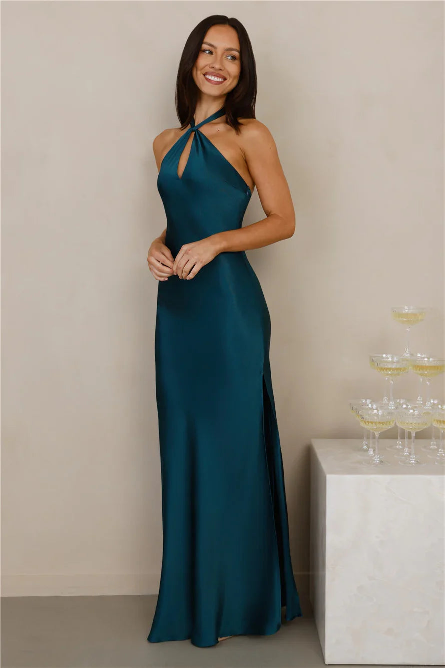 The Delilah Satin Halter Maxi Dress Teal