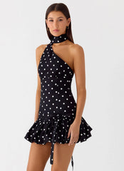 Belina Scarf Mini Dress - Black Polkadot