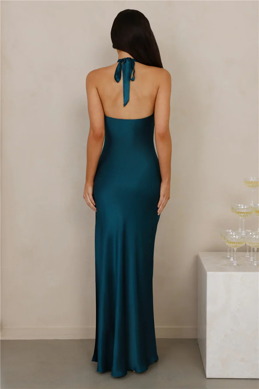 The Delilah Satin Halter Maxi Dress Teal