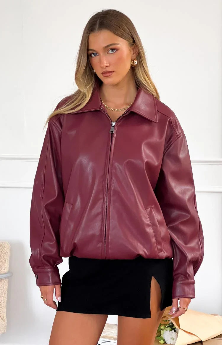 Abbi PU Red Bomber Jacket
