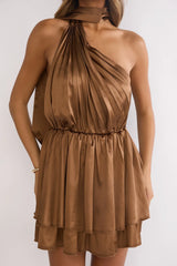 Aurora Eve One-Shoulder Mini Dress Brown