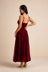 Elisha Burgundy and Red Velvet Pleated Midi Dress