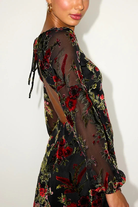Marwella Black Burnout Velvet Backless Long Sleeve Mini Dress